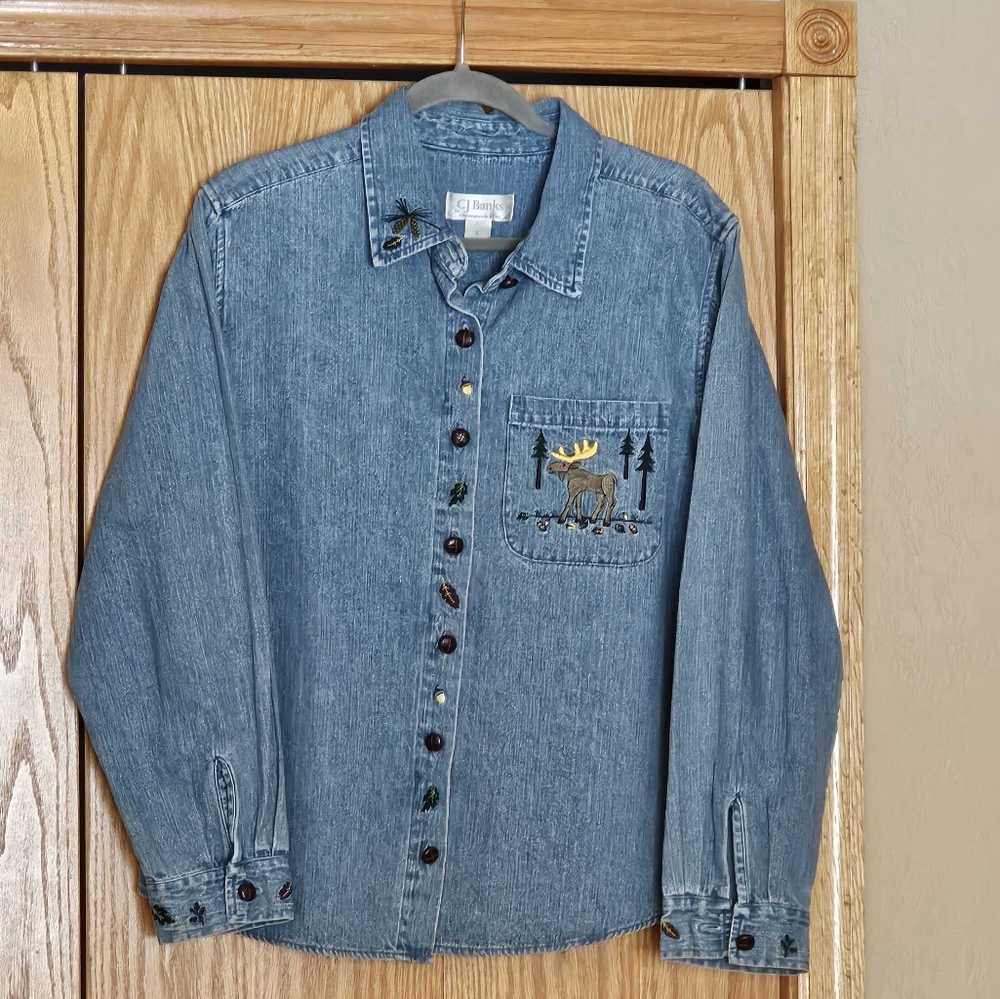 C J Banks Women's Denim Shirt with Moose Embroidery Size 14